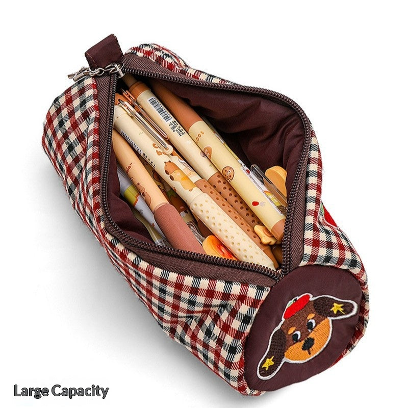Color-Block Patchwork Pencil Case with Canvas Material and Unisex Korean Style