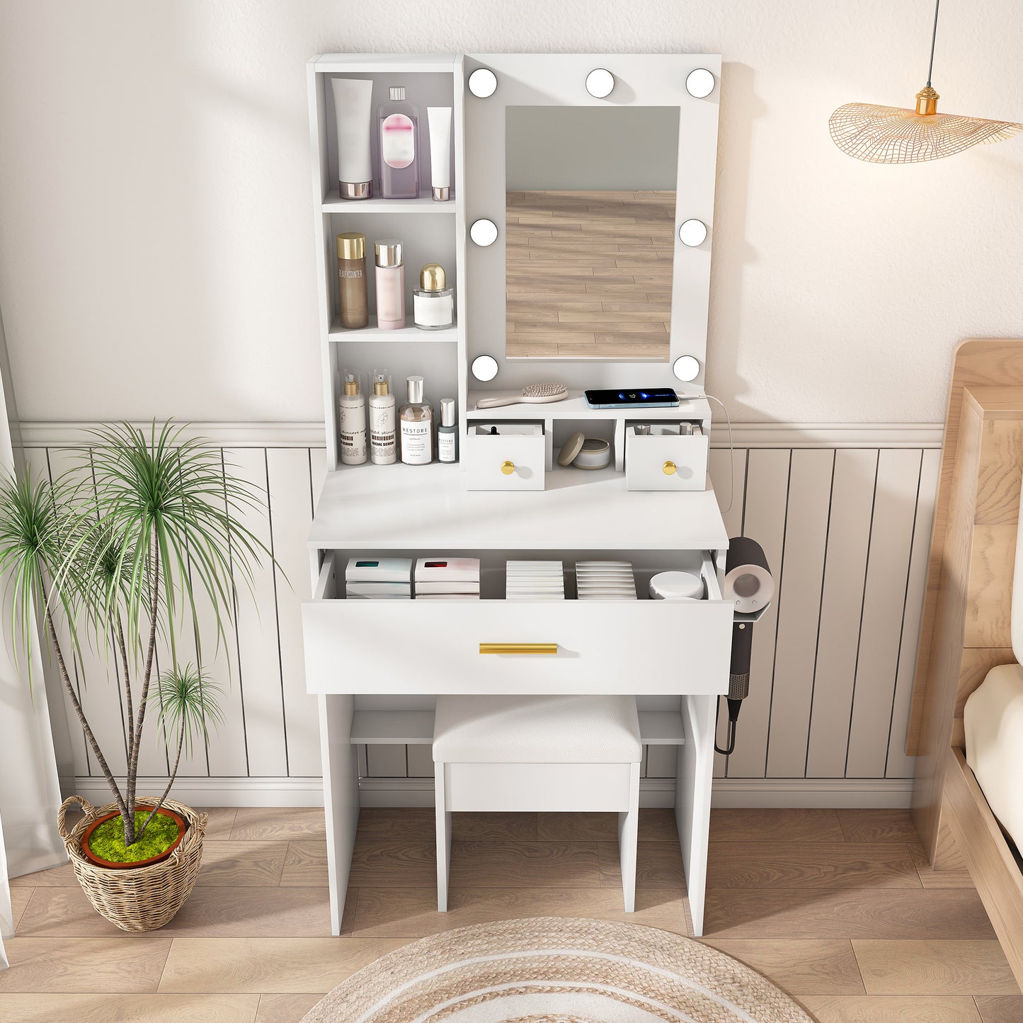 Vanity Table With Mirror & Adjustable LED Lights, Power Outlet,