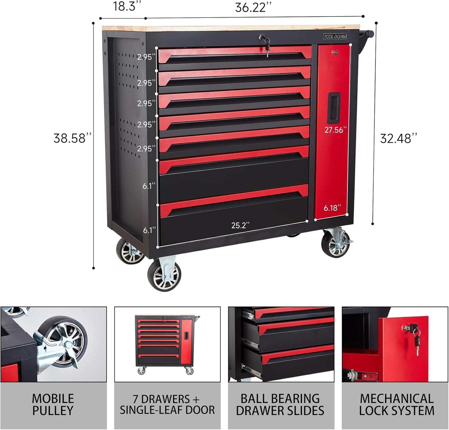 36-Inch 8-Drawer Tool Storage Cabinet Steel Garage Organizer with Casters