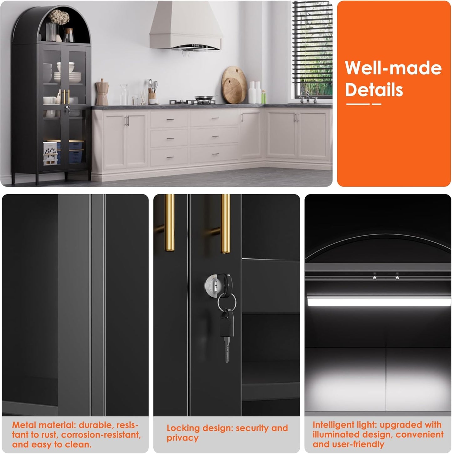 Arched Glass Door Storage Cabinet with LED Lights - Black