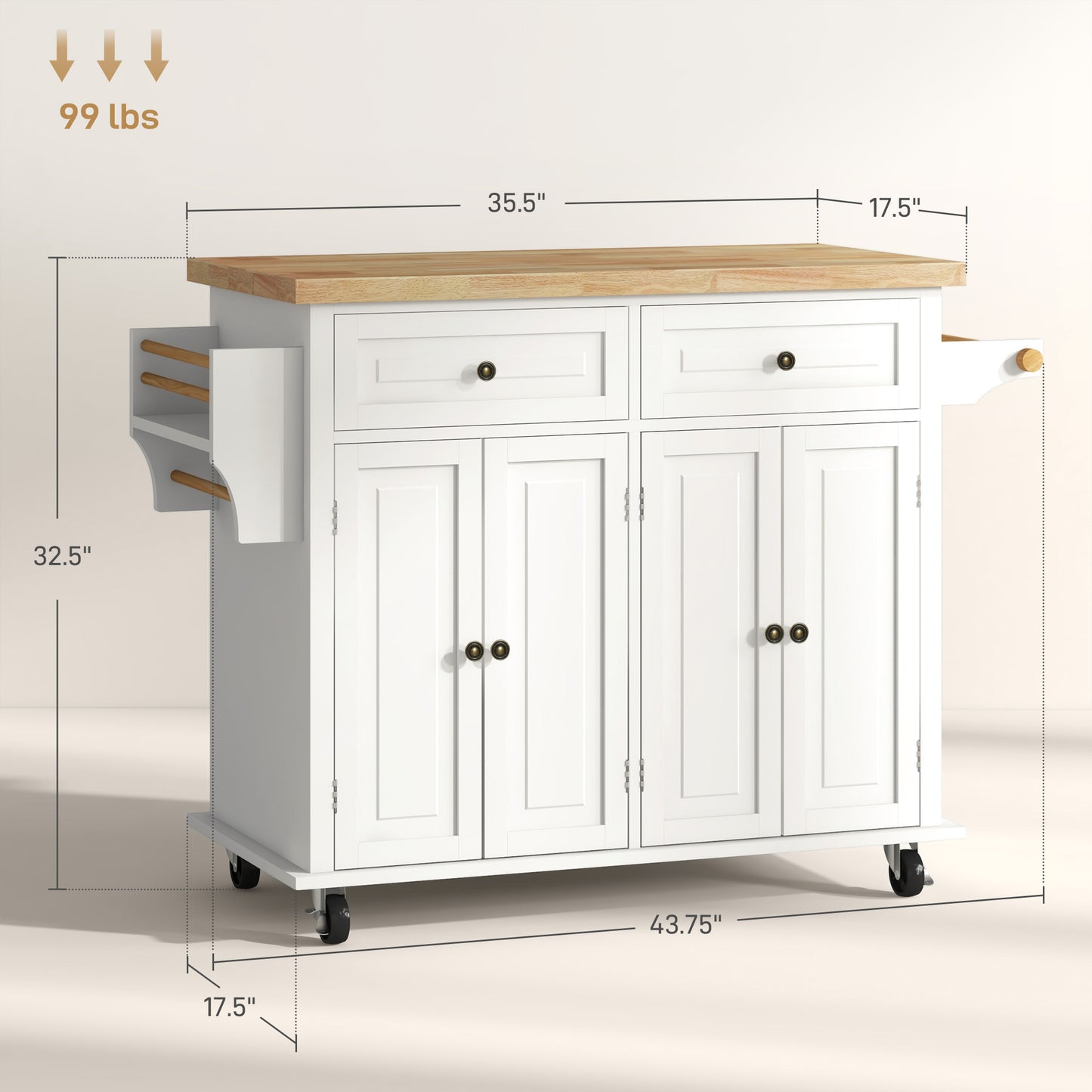 Rolling Kitchen Island Cart with Rubberwood Top & Storage - Cream White