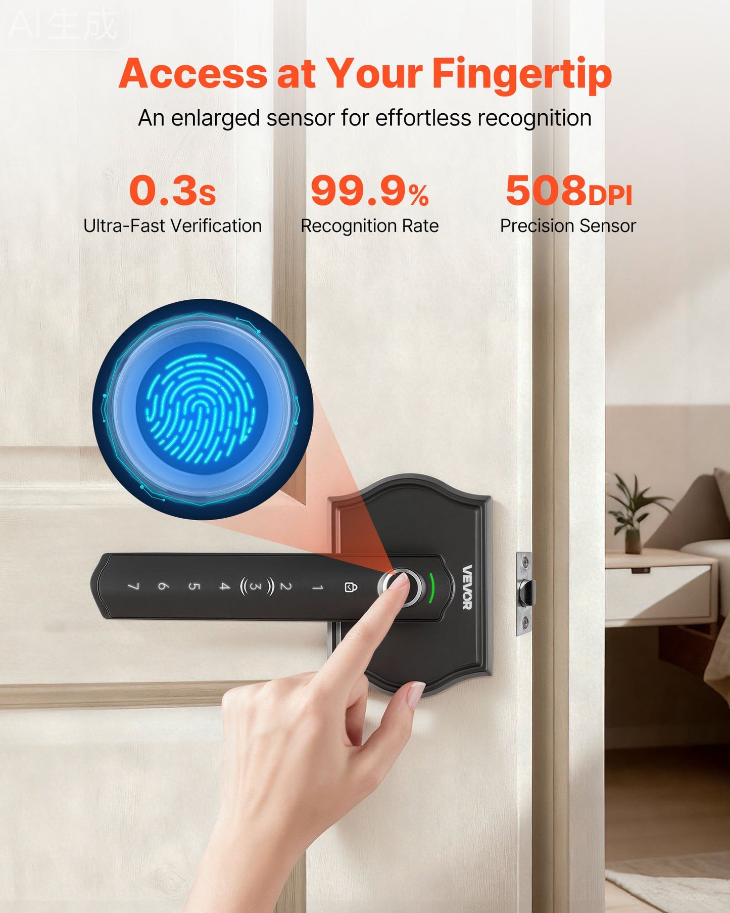 Fingerprint Keyless Door Lock Set with Handle - Auto Lock, 50 Fingerprints, Black