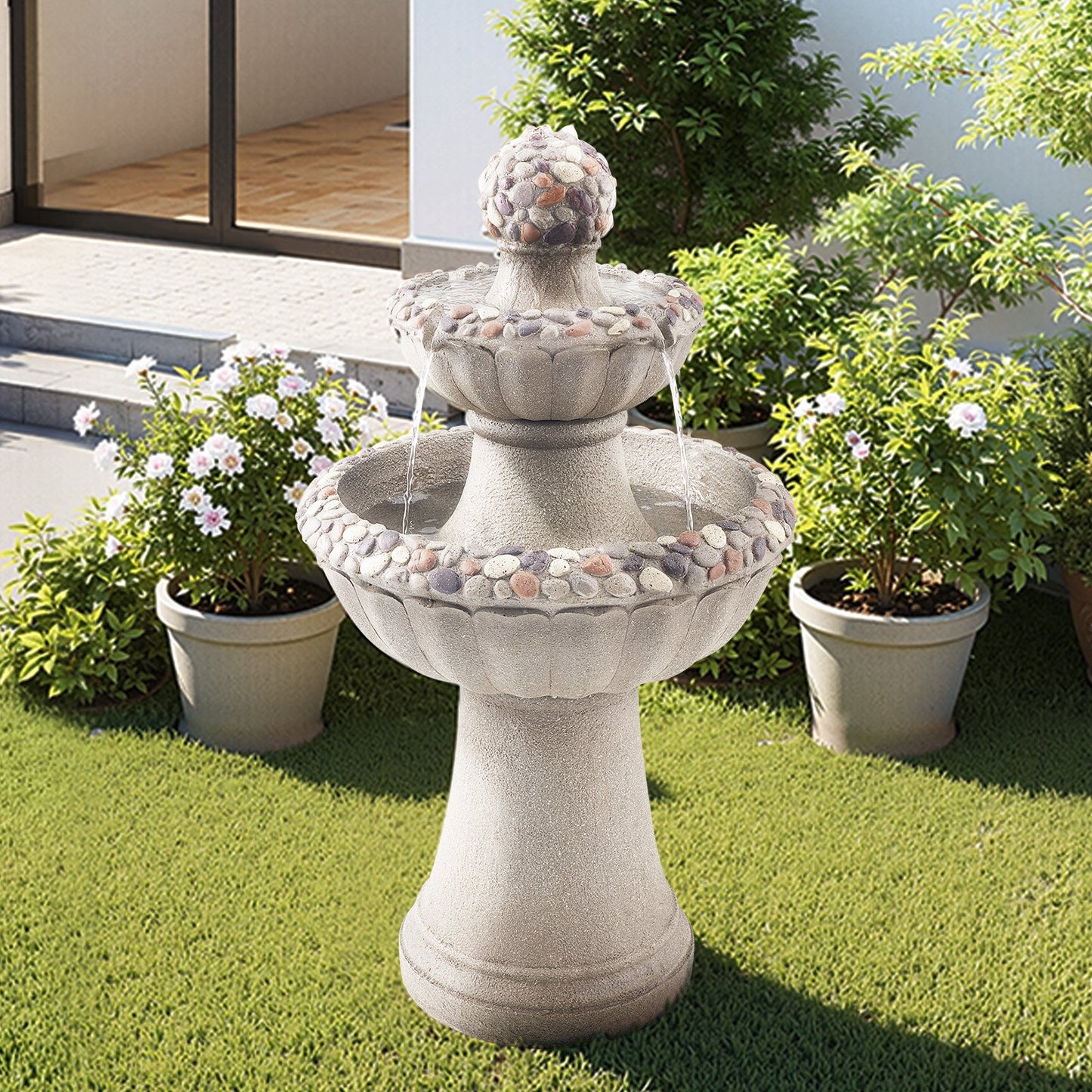 Outdoor 2-Tier Rock Base Water Fountain - 36.5 Inch Garden Decor with Splash-Proof Design