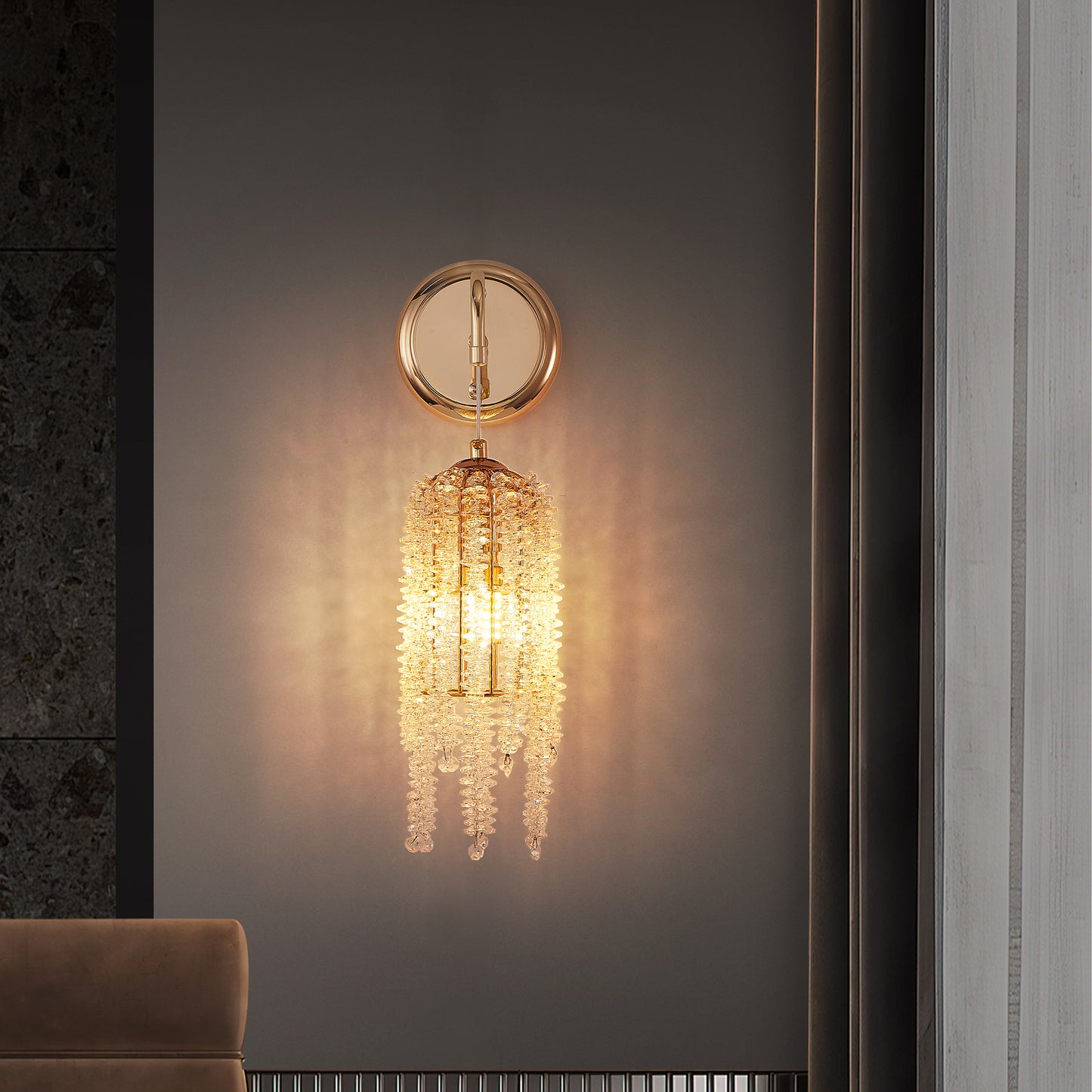 Gold Frame Crystal Bead Wall Sconces - Set of 2