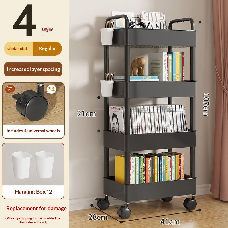 26cm Black Multi-Layer Storage Rack with Wheels & Hooks for Kitchen, Bedroom, Bathroom