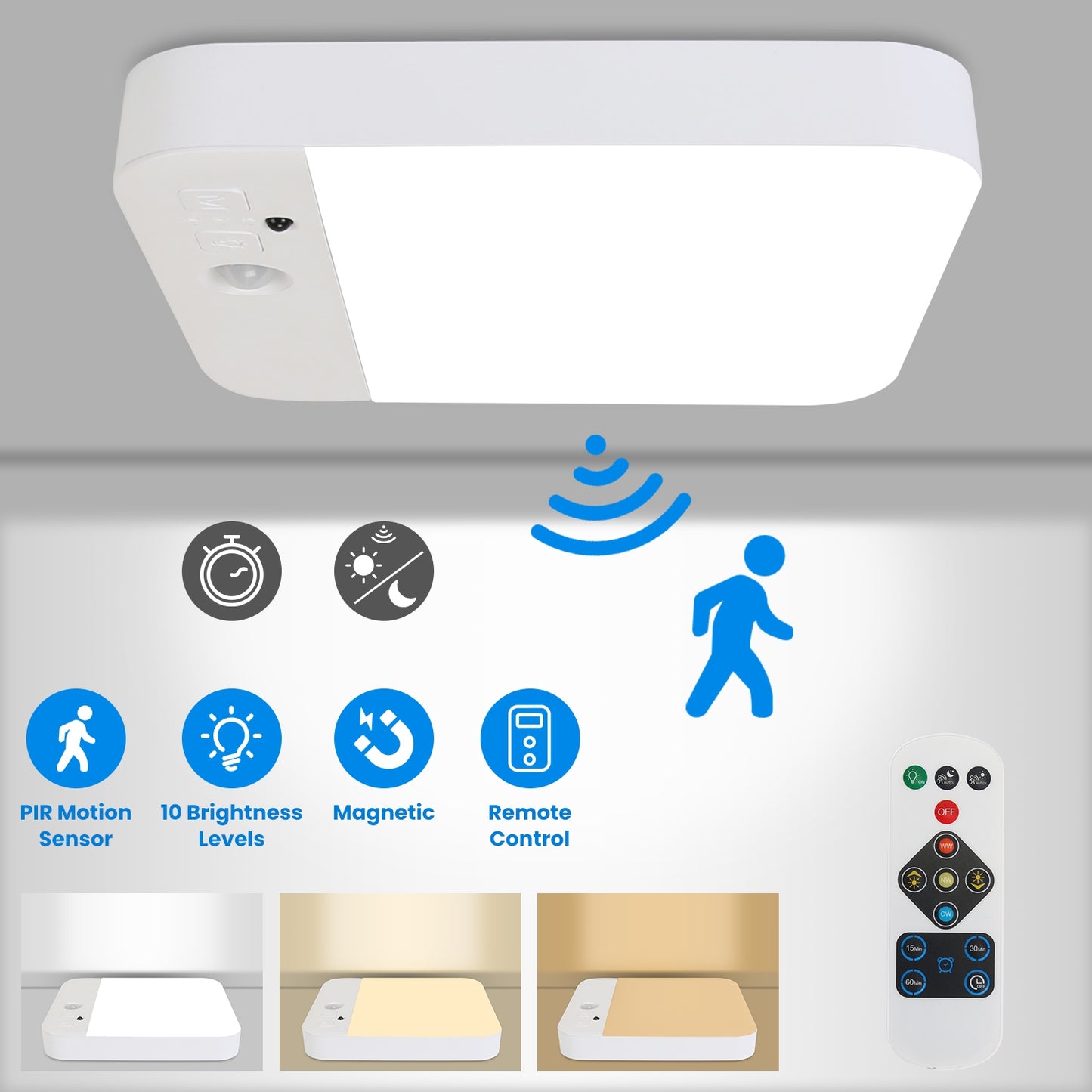 Wireless Rechargeable Motion Sensor Ceiling Light with Remote for Home & Garage