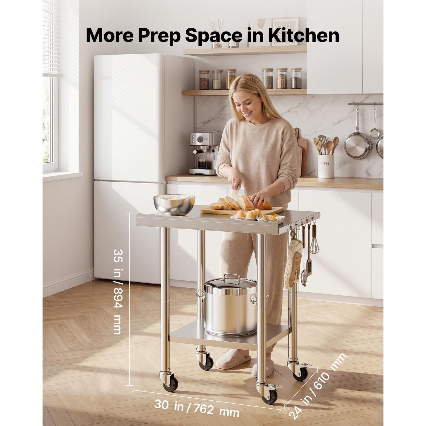 Stainless Steel Food Prep Table 24x30 Inch with Wheels & Backsplash for Commercial Kitchen