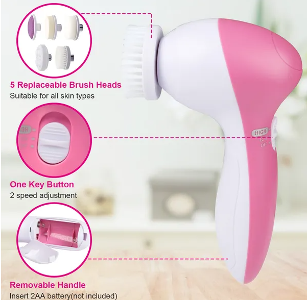 Electric Facial Cleansing Brush with 5 Brush Heads - Pink