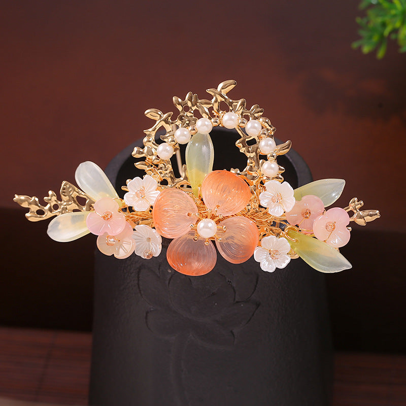 Vintage Flower Hairpin Set with Tassel - Pink