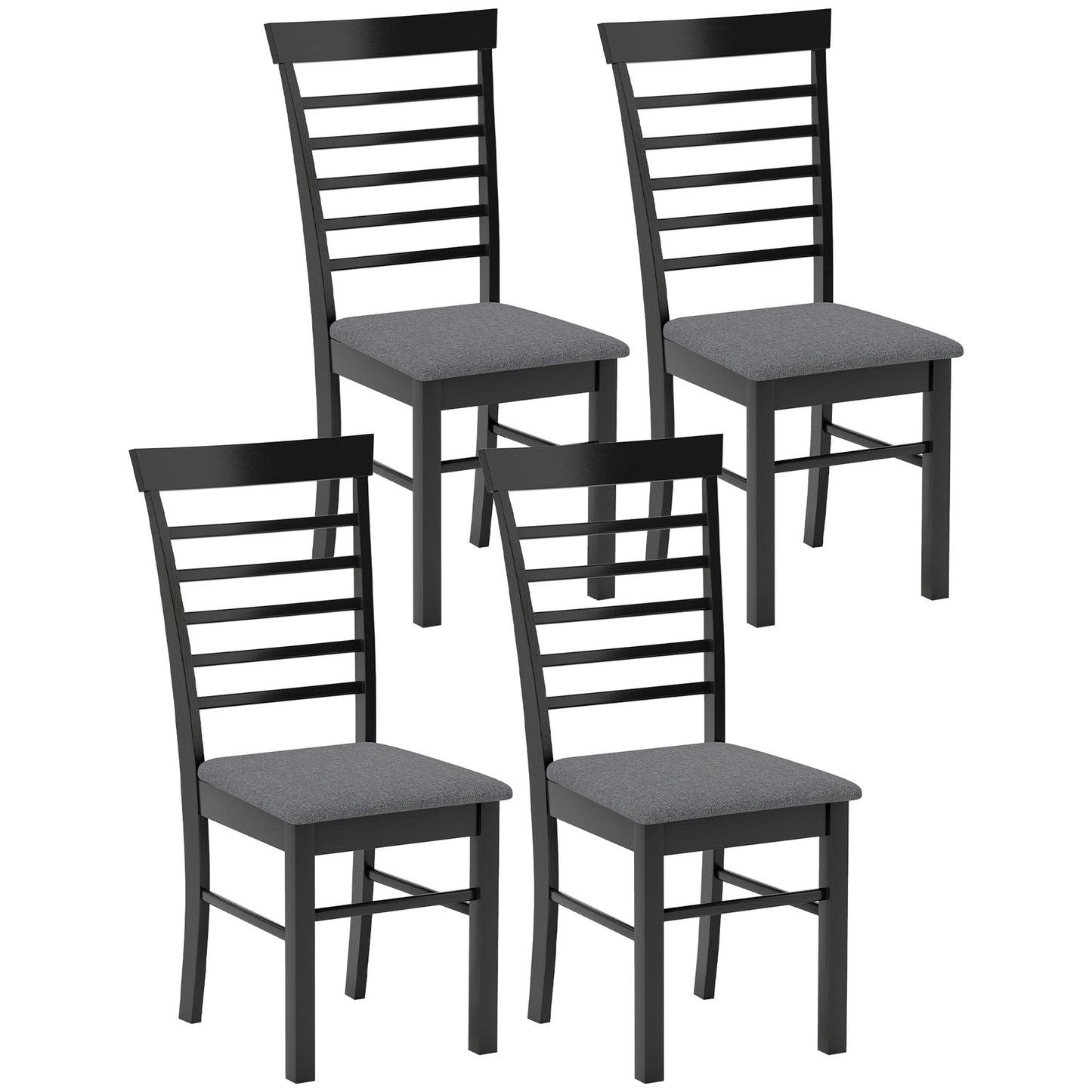 Set of 4 Farmhouse Dining Chairs - Upholstered Rubber Wood Frame in Black & Gray