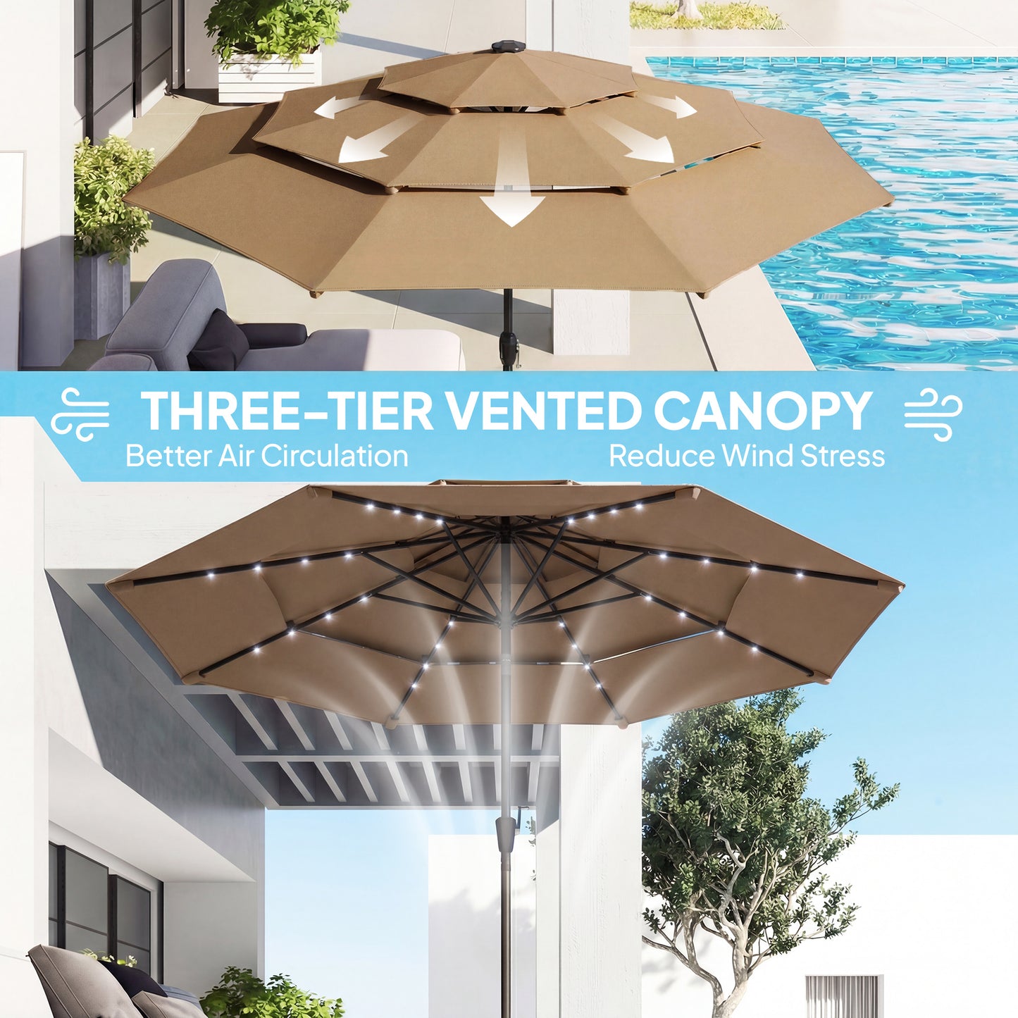 9.7 ft Outdoor Patio Umbrella with Solar LED Lights - Khaki