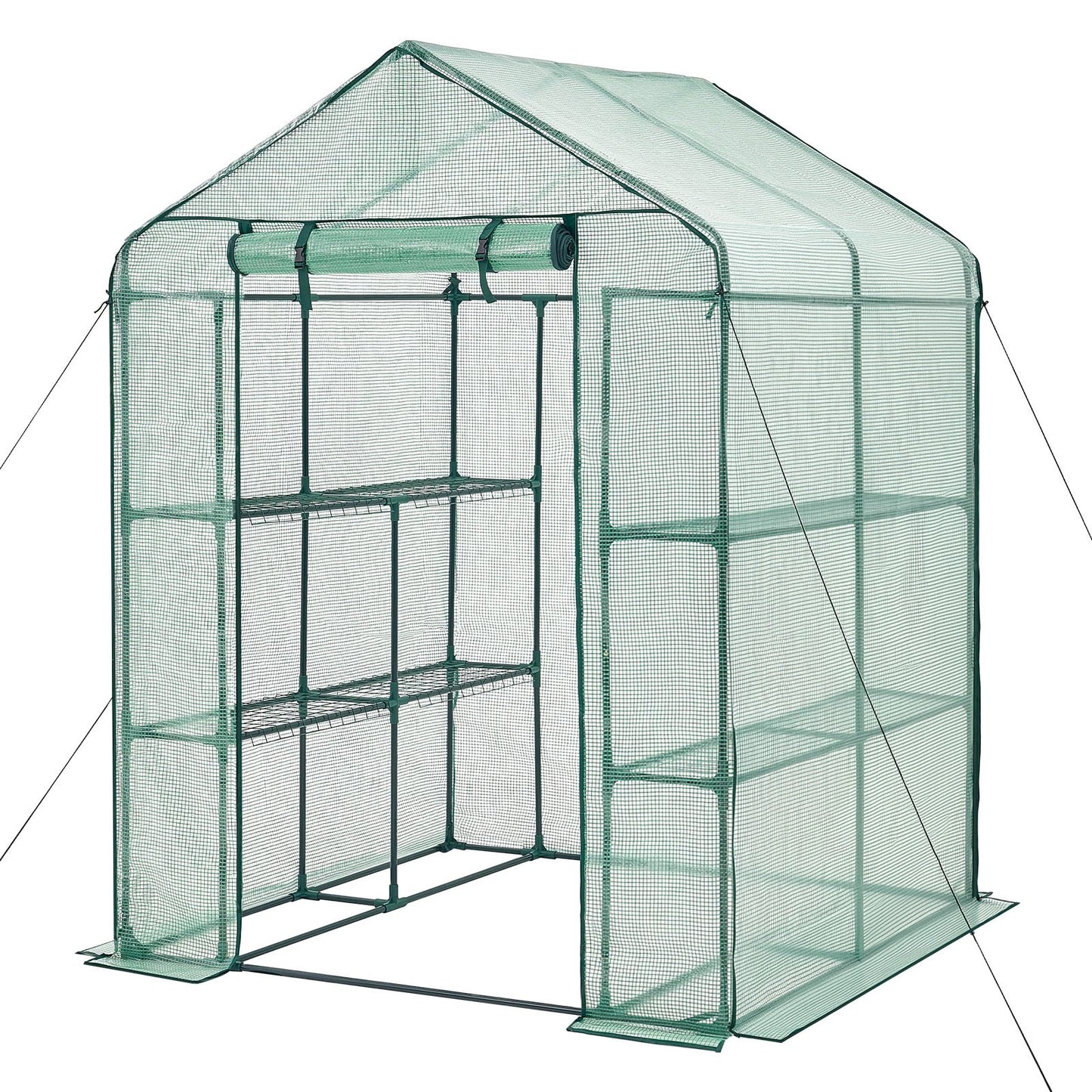 Walk-In Greenhouse with PE Cover, 2 Tiers, 8 Shelves, Roll-Up Door, Portable Garden Hot House