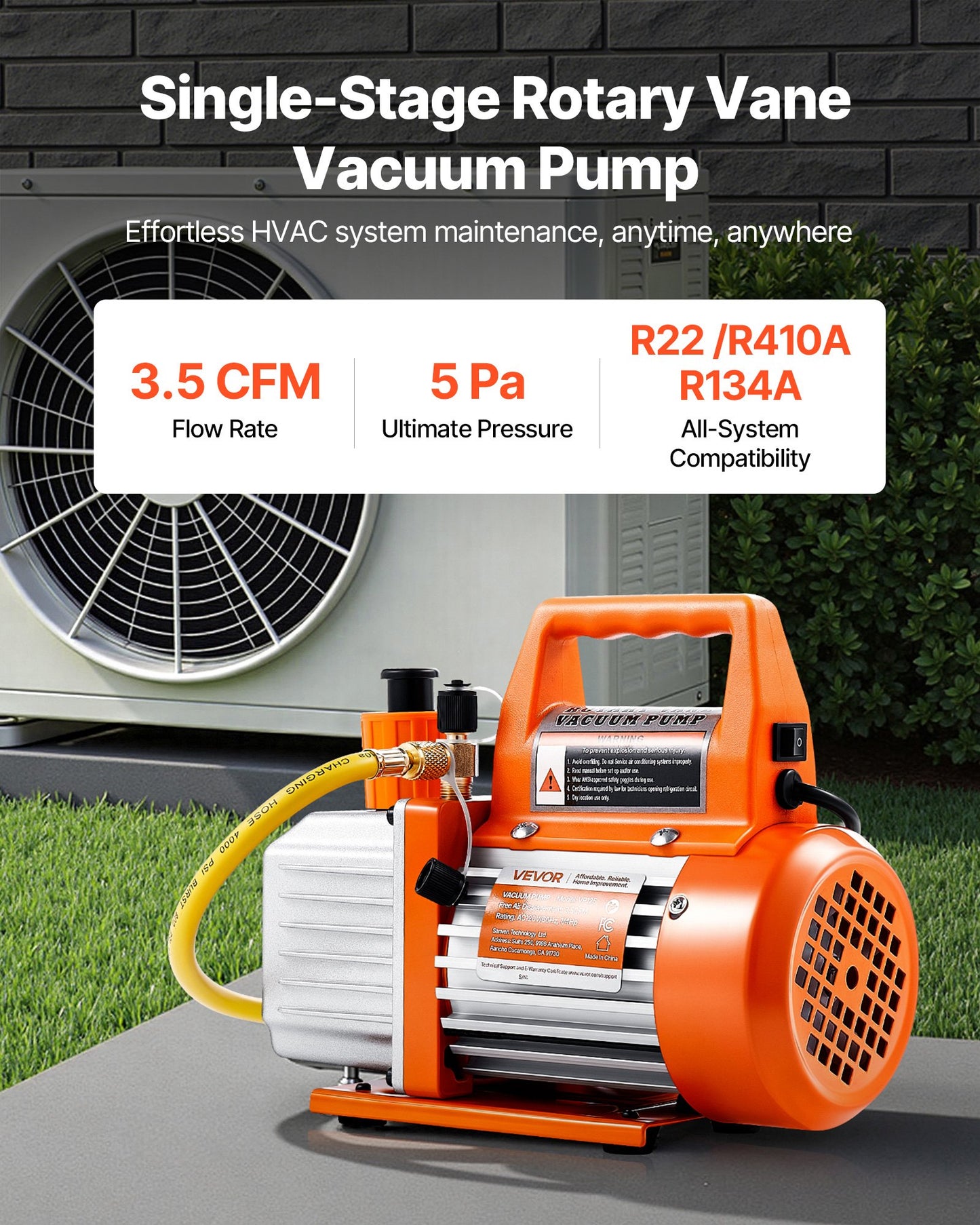 HVAC Vacuum Pump 3.5 CFM Rotary Vane Oil Included - Single Stage Air Conditioner Pump