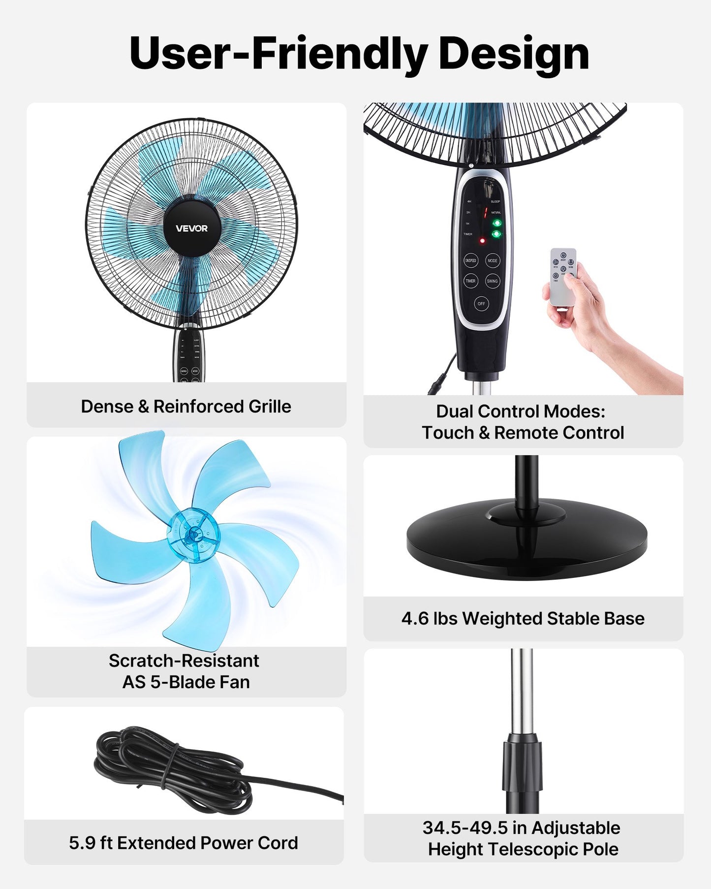 18-Inch Pedestal Fan with Remote Control, 9 Speeds & Adjustable Height, Quiet DC Motor, Black