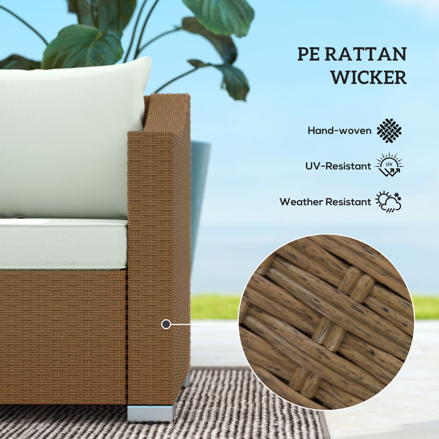 Light Gray Rattan Wicker 3-Seater Outdoor Sofa with Cushions