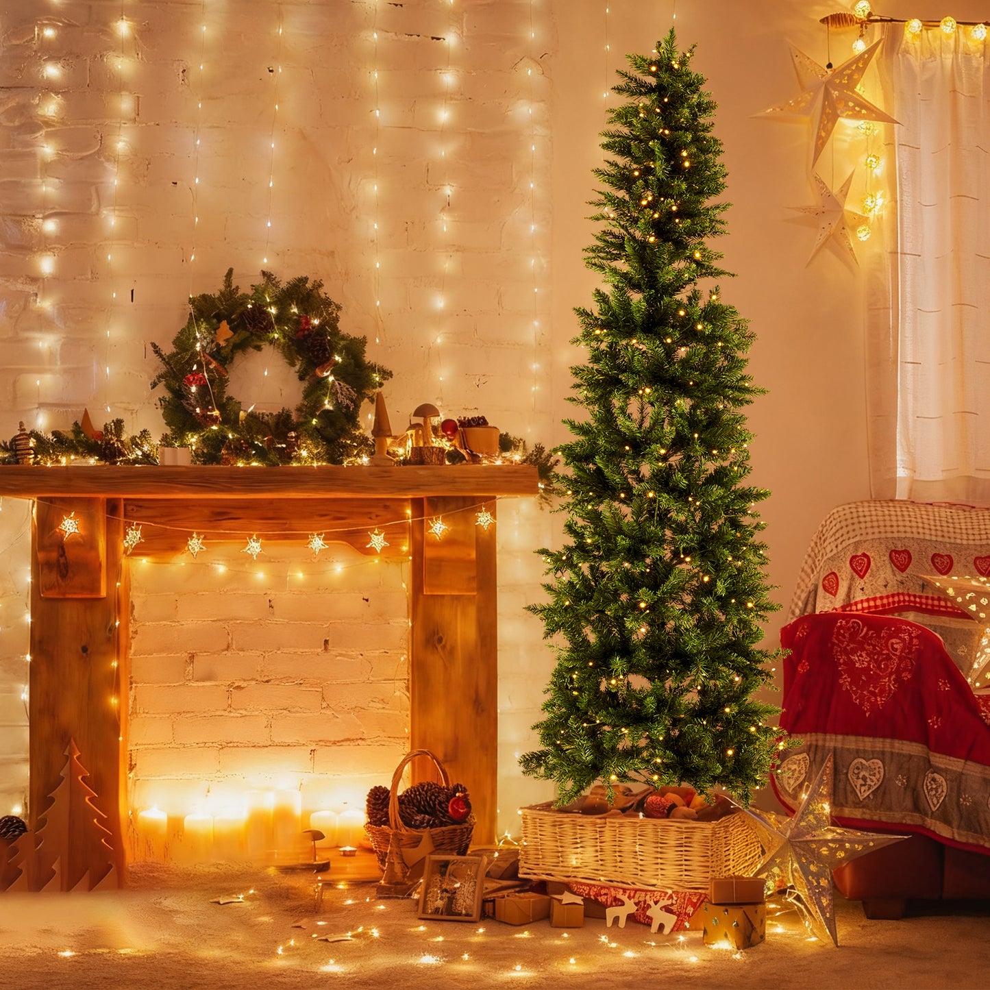Prelit Slim Christmas Tree with 250 LED Lights & Foldable Base