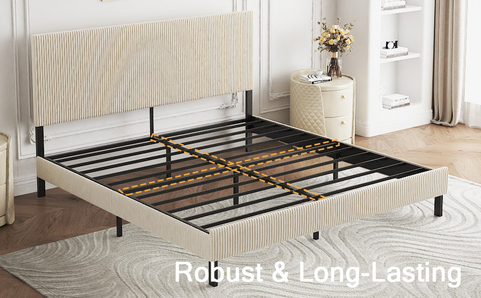 King Platform Bed Frame with Upholstered Headboard - Beige