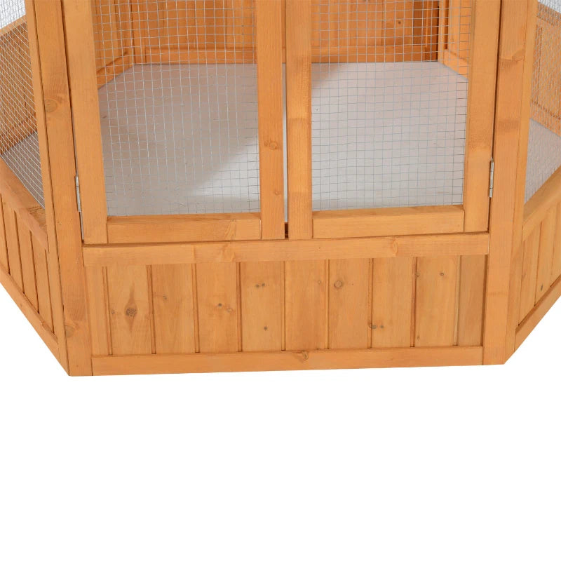 Wooden Hexagonal Outdoor Bird Cage with Covered Roof - Natural Brown