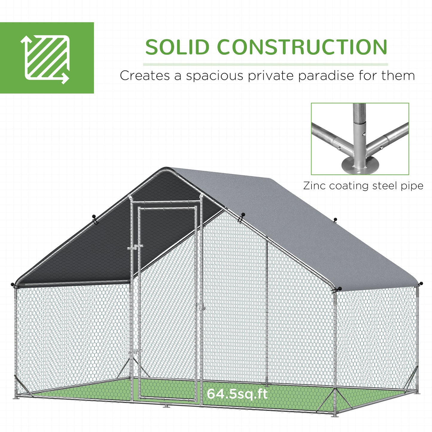 Large Metal Chicken Coop with Waterproof Cover & Walk-In Fence 1980x280x160mm