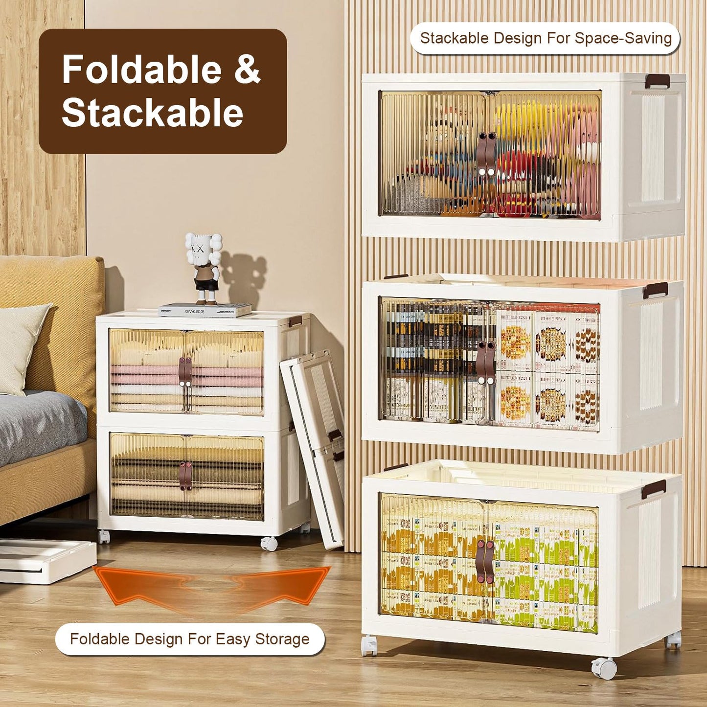 3Pcs Foldable Storage Bins With Lid Wheels Front Magnetic Door Fedex