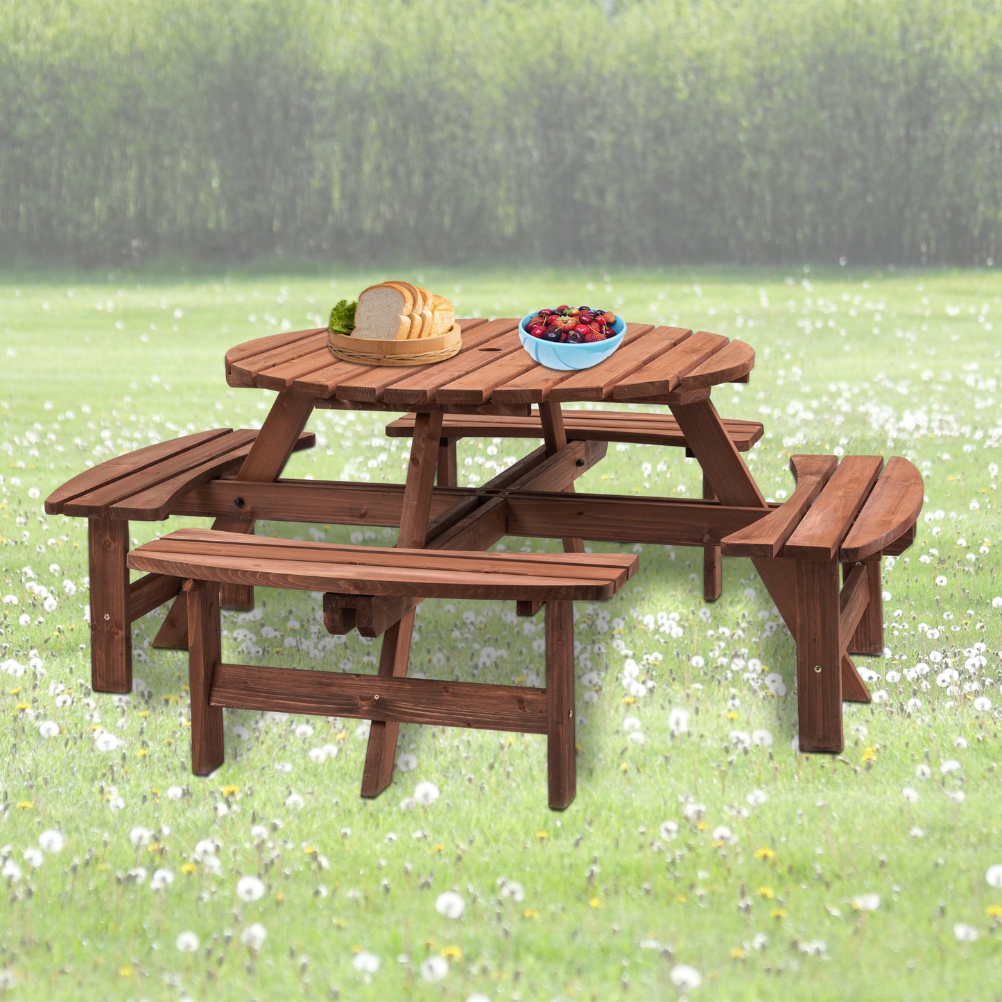 8 Person Wooden Picnic Table, Outdoor Camping Dining Table With Seat,