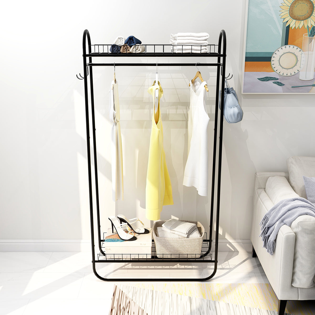 Heavy Duty Freestanding Clothes Rack with Double Shelves - Black