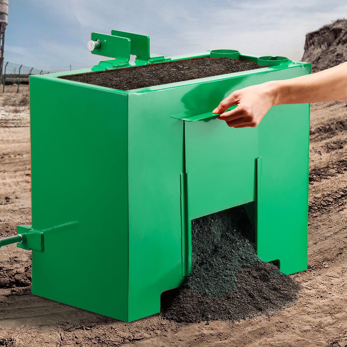 Heavy-Duty 800 Lb Tractor Ballast Box with 2-Inch Hitch, Steel Loader Attachment, Green