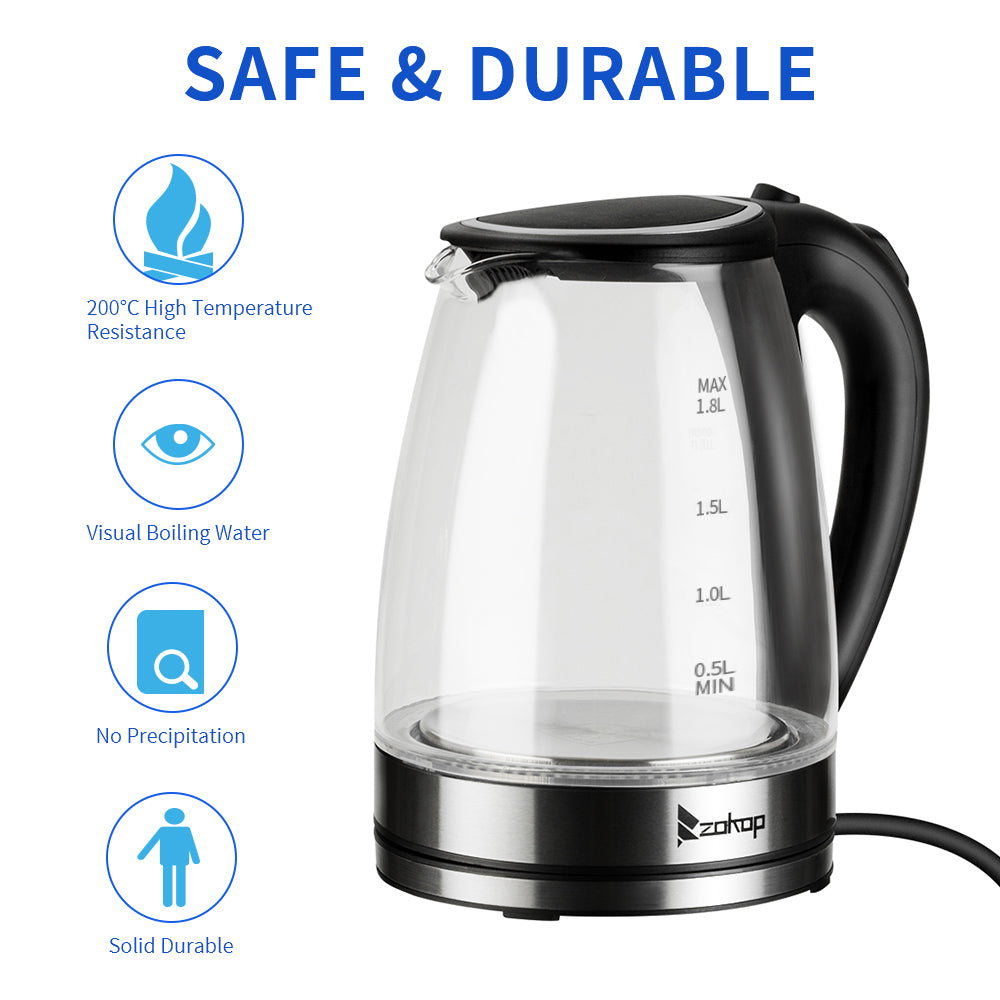 1.8L Electric Glass Kettle with Blue LED, Auto Shut-Off, 1500W