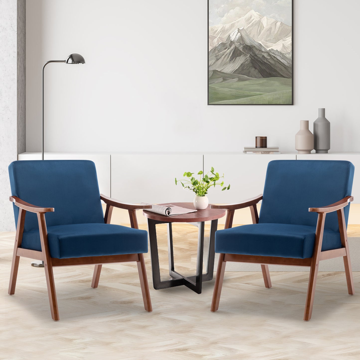 Mid-Century Modern Accent Chair - Blue Velvet Lounge Chair