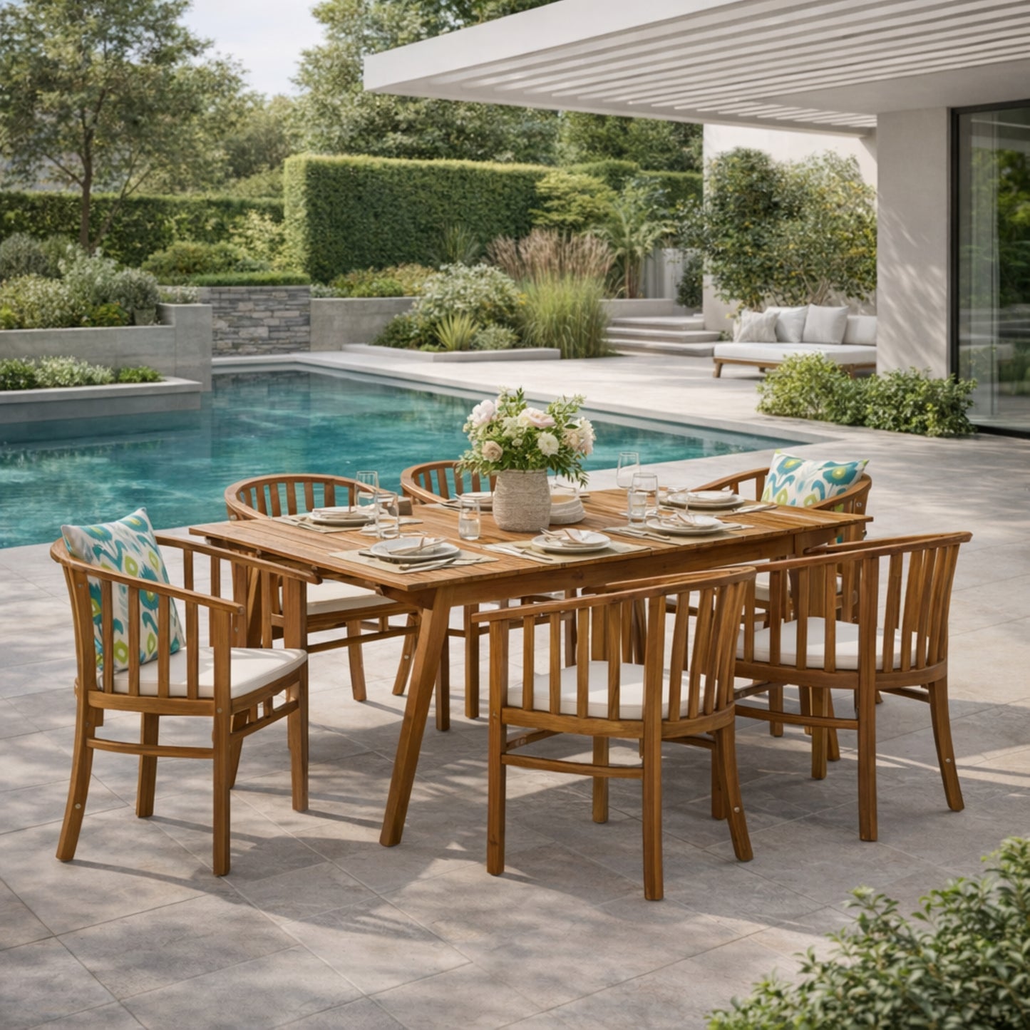 Outdoor 6-Seater Acacia Wood Dining Set with Cushions - Teak