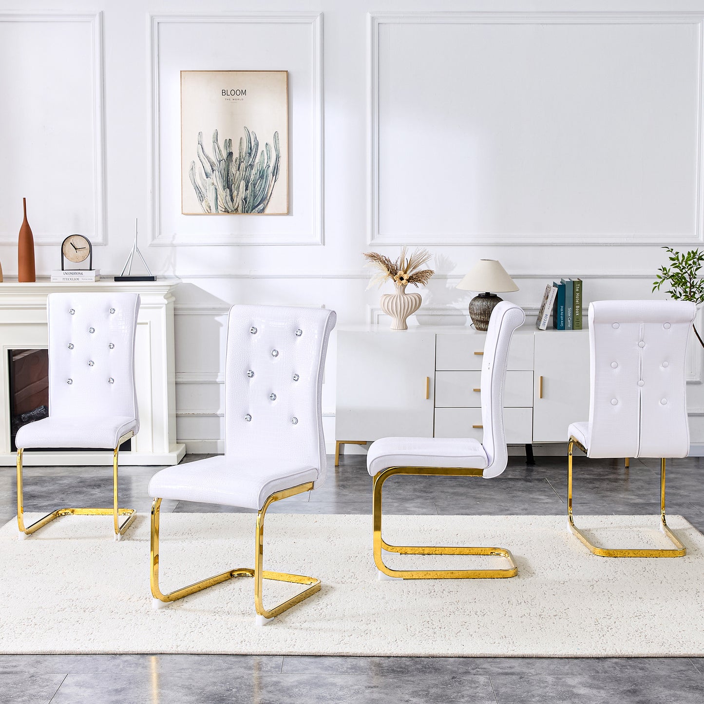 Set Of 4,Retro Alligator Skin Upholstered Dining Chairs,with Crystal