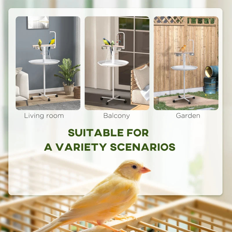 Bird Stand with Wheels and Feed Bowls for Parrots - Indoor Outdoor Perch