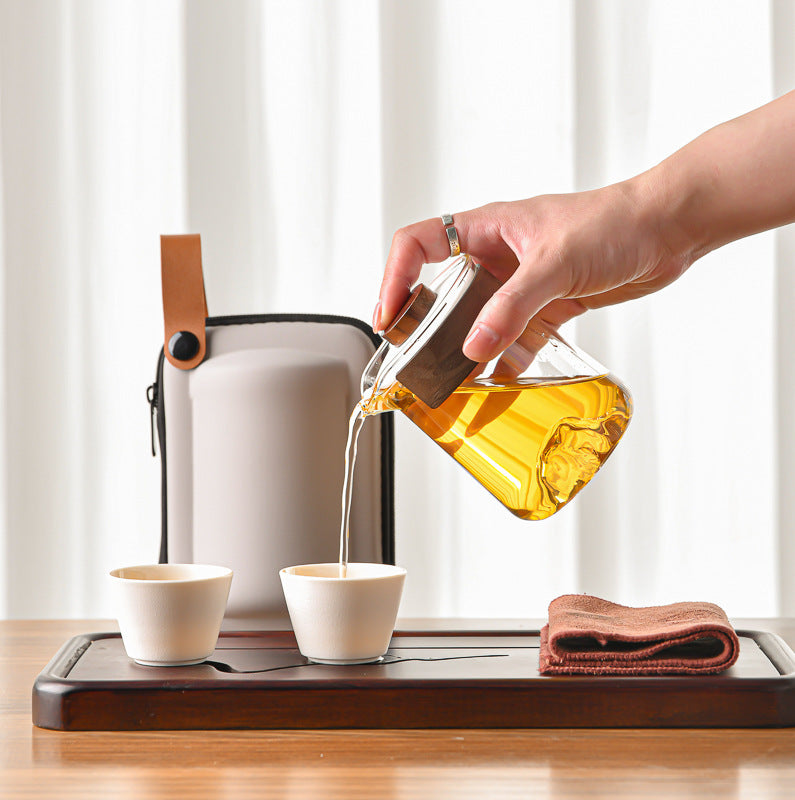 Outdoor Travel Tea Set with Canister Tray & Caddy - Portable Ceramic Tea Kit