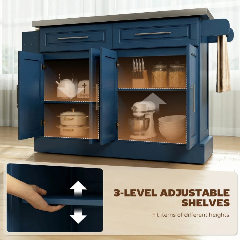 Rolling Kitchen Island with Stainless Steel Top - Navy Blue