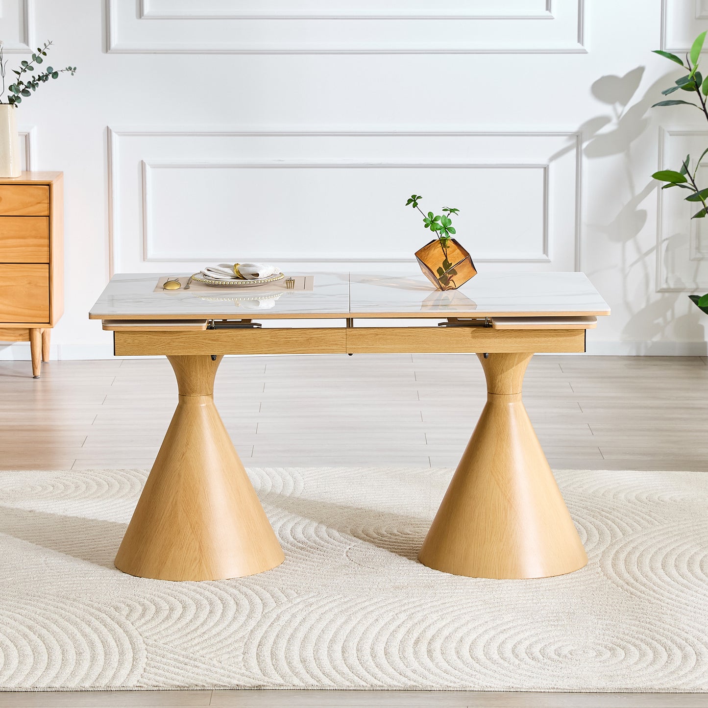 Extendable White Marble-Top Dining Table with Metal Legs
