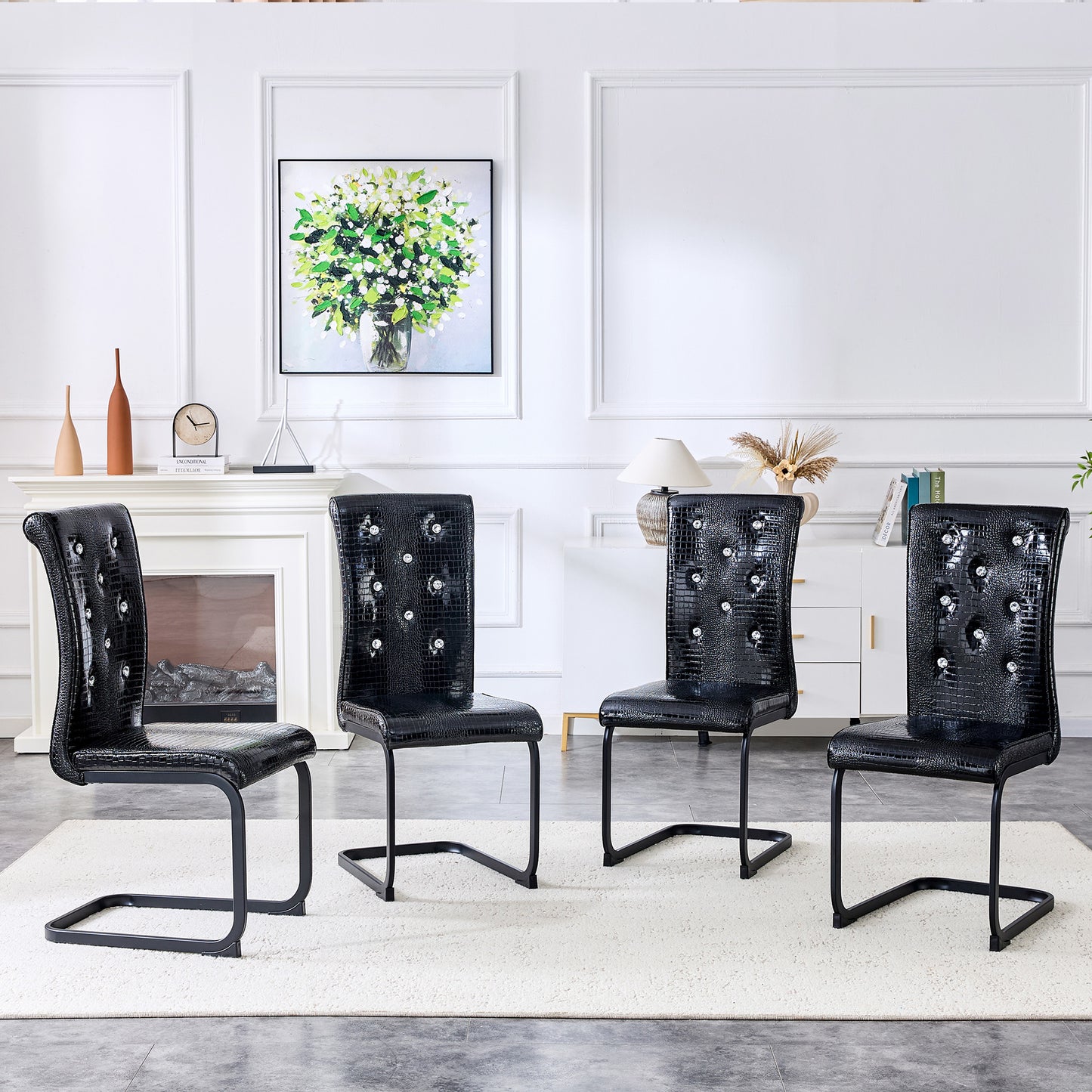 Set Of 4,Retro Alligator Skin Upholstered Dining Chairs,with Crystal