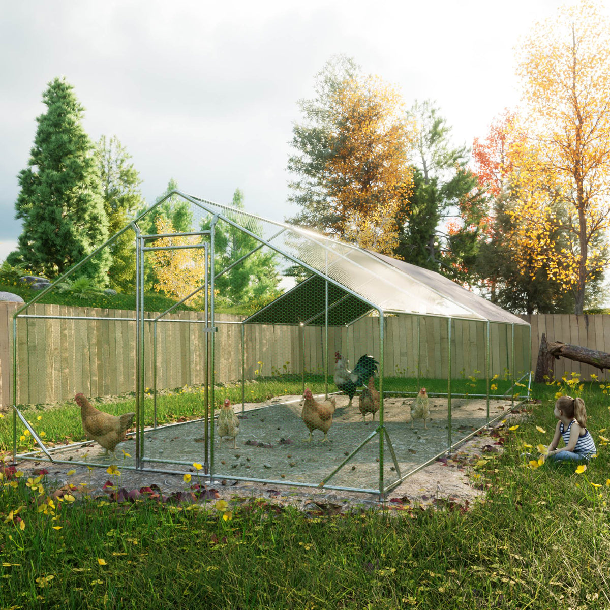 Large Metal Chicken Coop Walk-In Poultry Cage with Waterproof Cover - Multiple Sizes