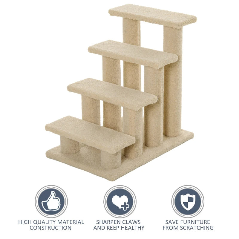 Multi-Level Carpeted Cat Scratching Post with Stairs - Cream White