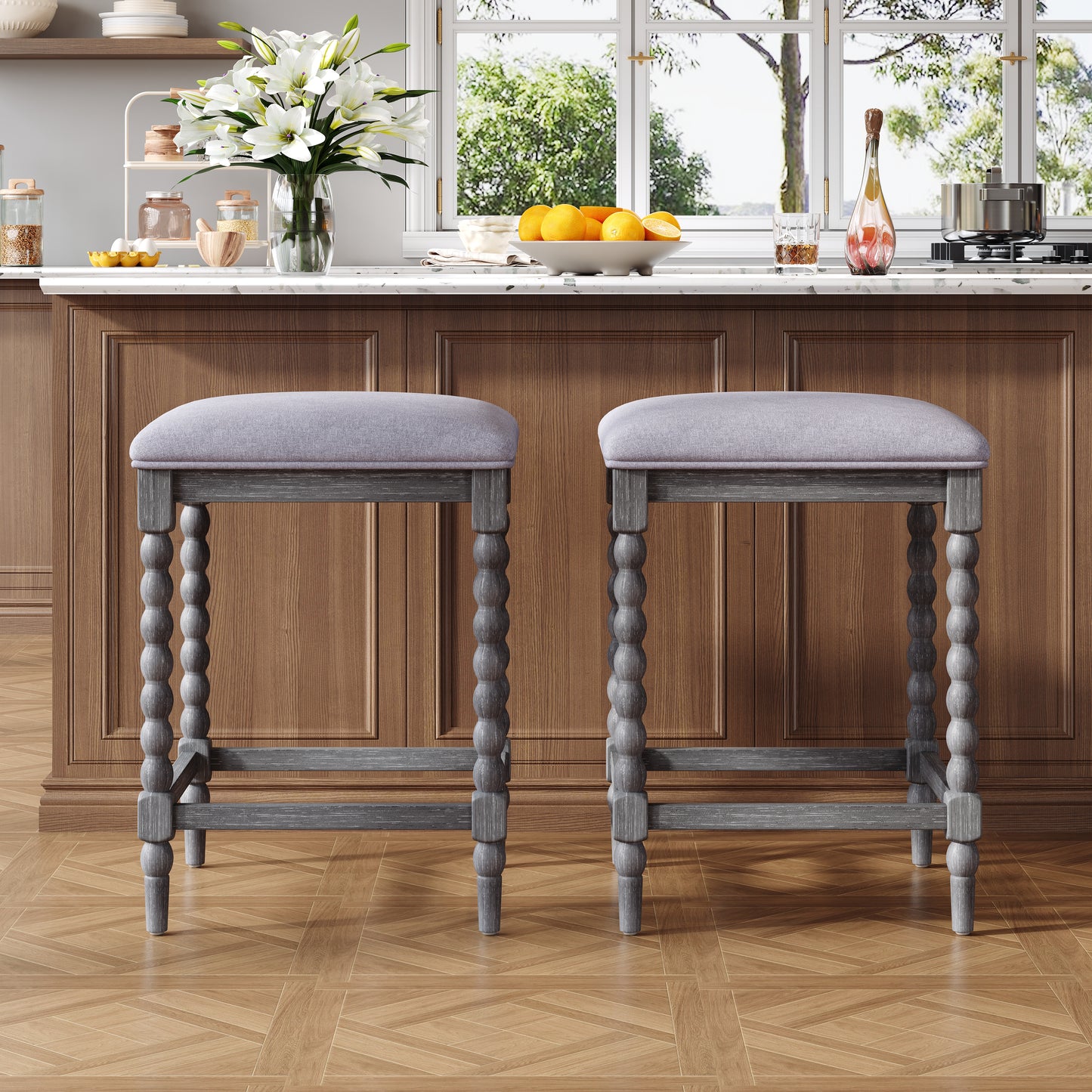26Counter Stools,Set Of 2 With Upholstered Seat, Solid Acacia Wood