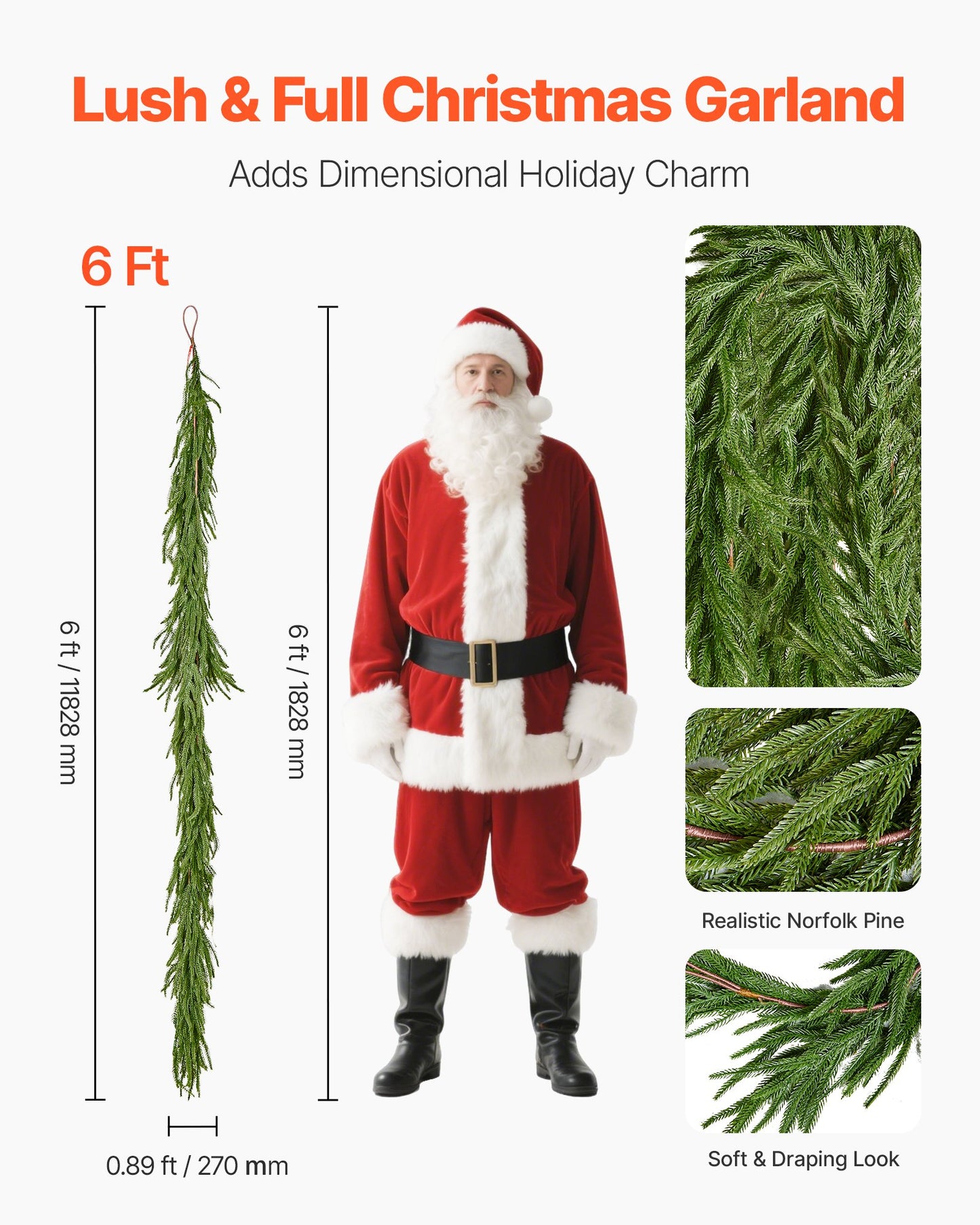 6Ft Artificial Norfolk Christmas Garland Green Holiday Decor for Fireplace
