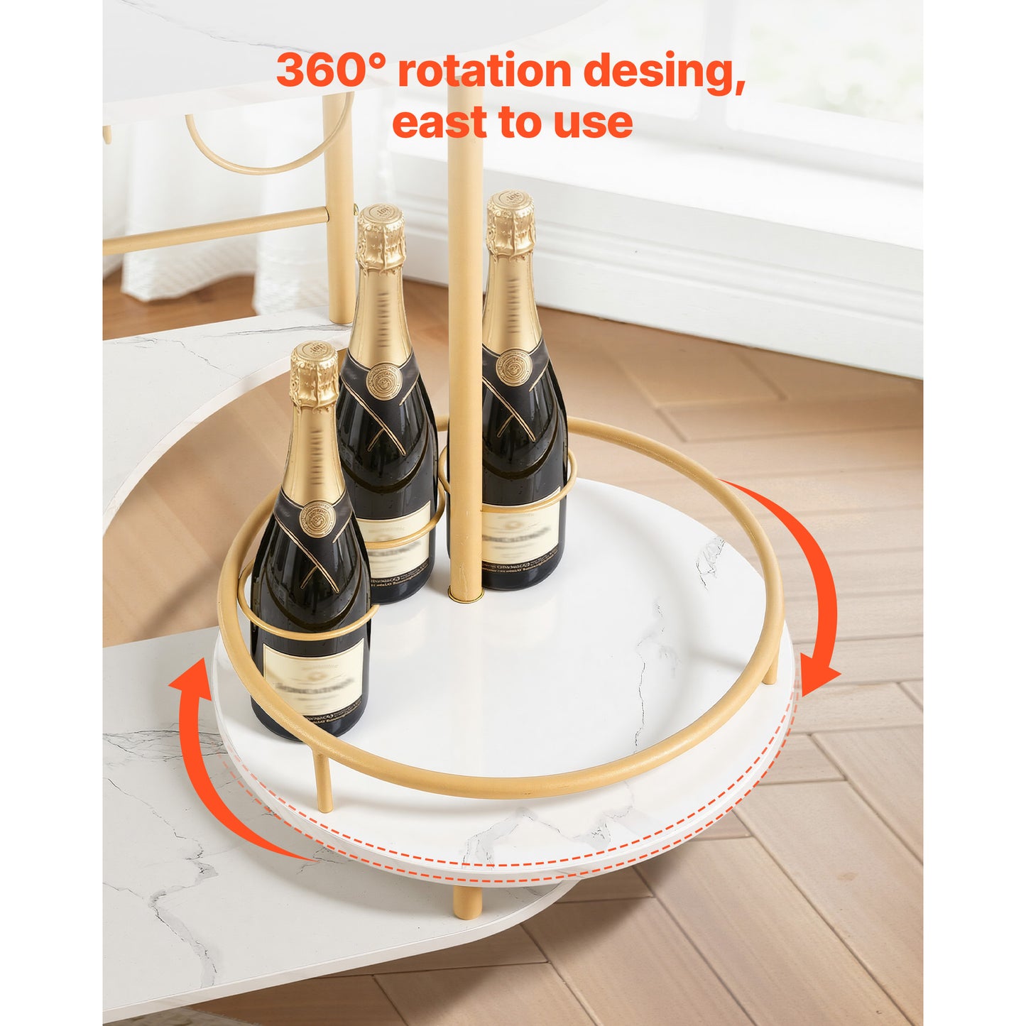 Bar Cart with 3 Tiers, Wooden Shelf, Wine Rack & Glass Holder - Gold Rolling Serving Trolley