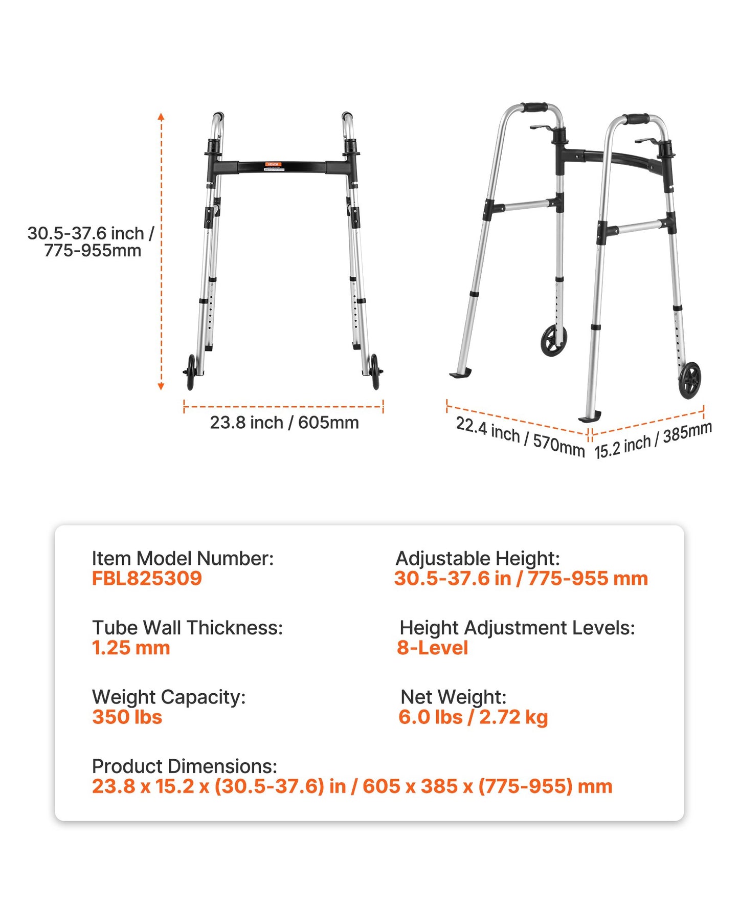 Foldable Walker with 8-Position Height Adjustment and 5-Inch Wheels - Lightweight Aluminum Support for Seniors & Adults