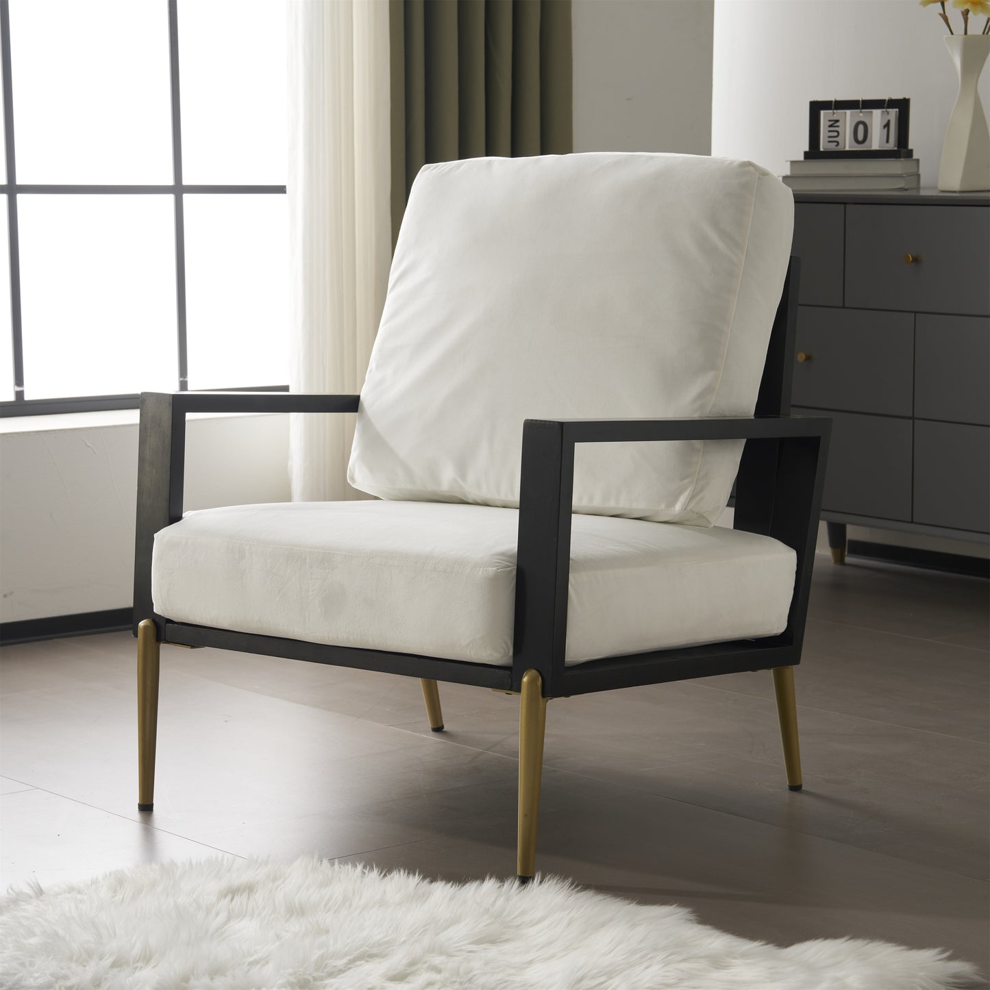 Upholstered Velvet Accent Chair with Solid Wood Frame - White