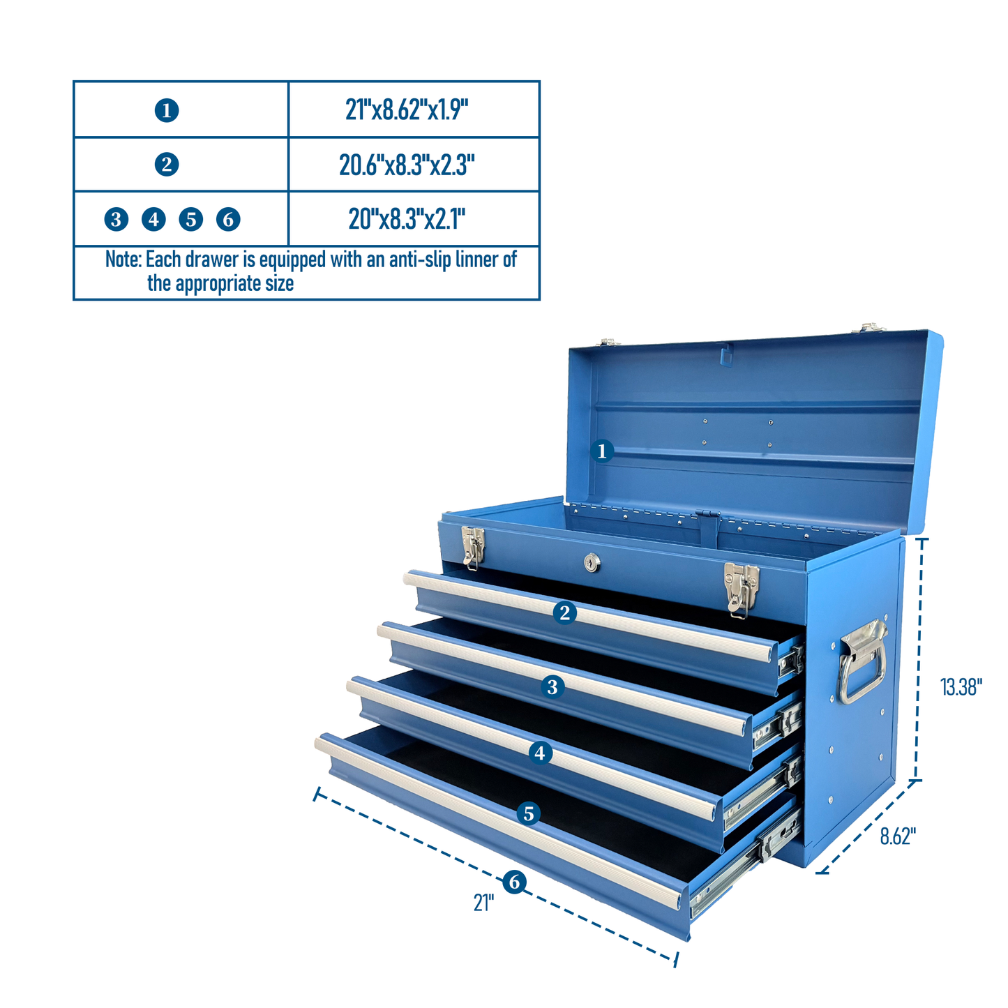 Heavy Duty Metal Tool Box with 4 Drawers - 21-inch Portable Steel Storage Chest, Locking & Powder Coated Finish, Blue