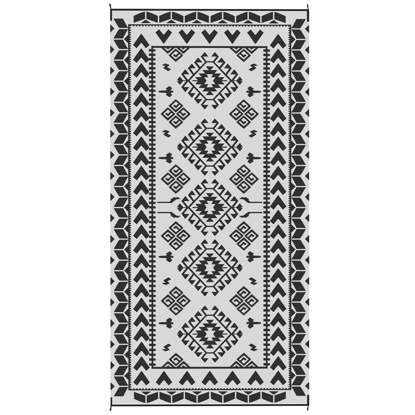Reversible Outdoor Rug - Waterproof Plastic Straw, 9' x 18', Black & White Rhombus Patchwork