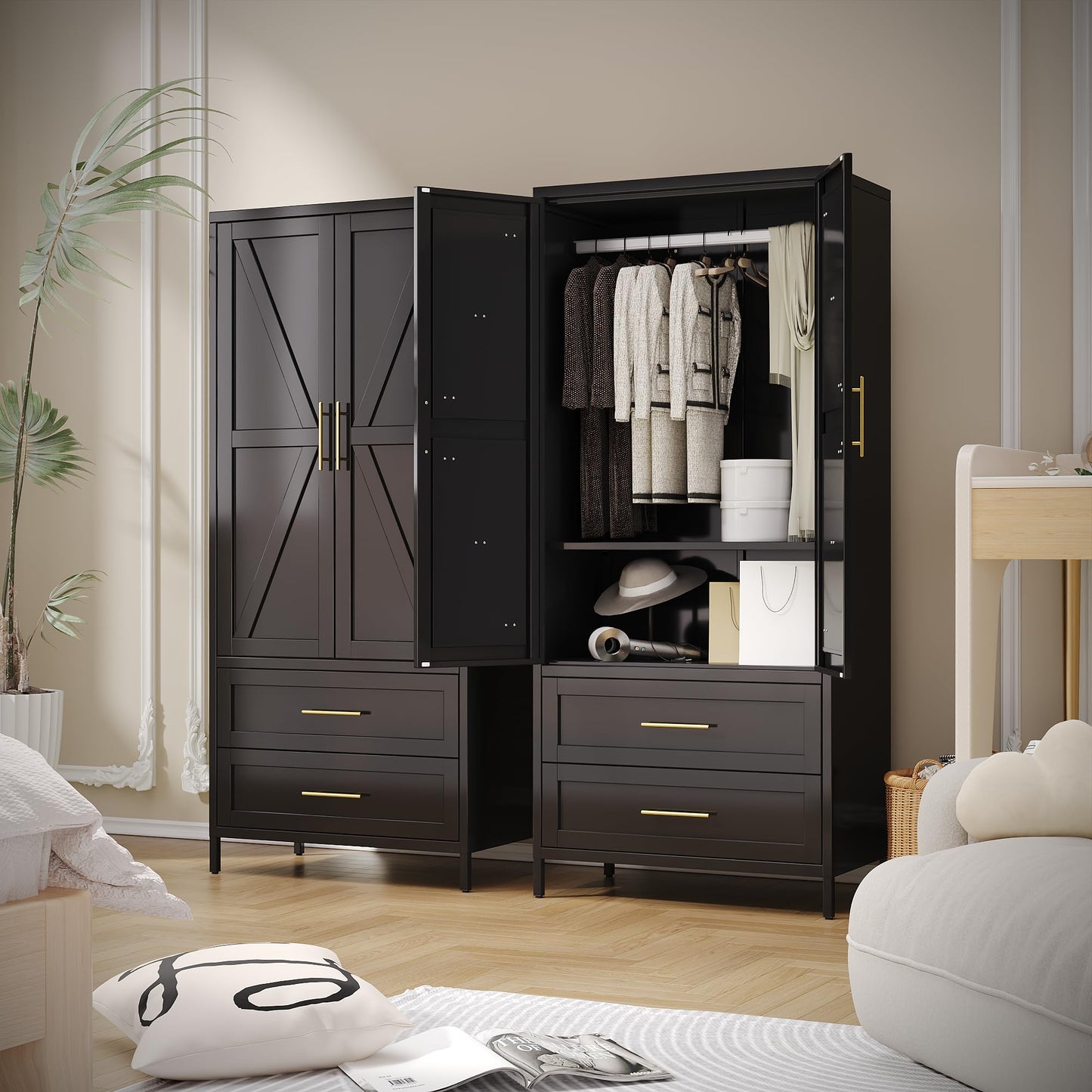 Metal Wardrobe Closet with Doors and 2 Drawers - Black