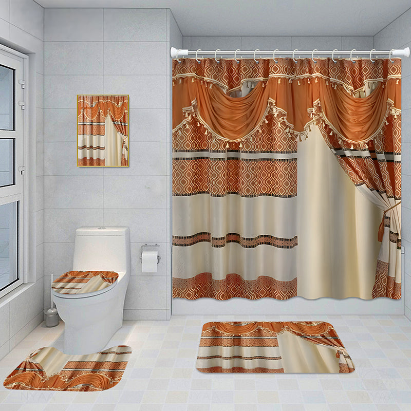 Bathroom 5-Piece Shower Curtain Set with Mat and Decorative Aluminum Frame