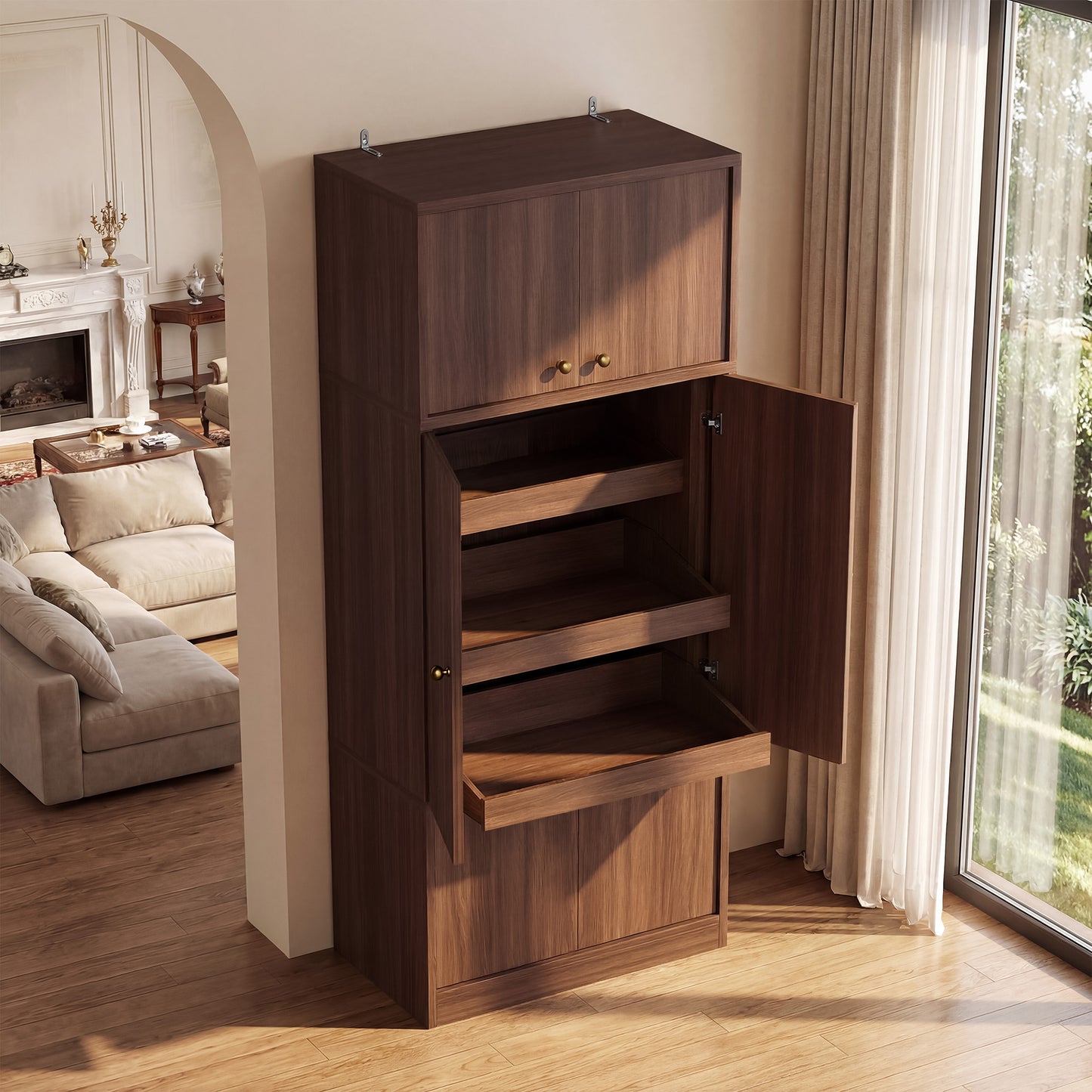 Tall Kitchen Pantry Cabinet - 71 Inch Freestanding Storage with Adjustable Shelves, Walnut Finish