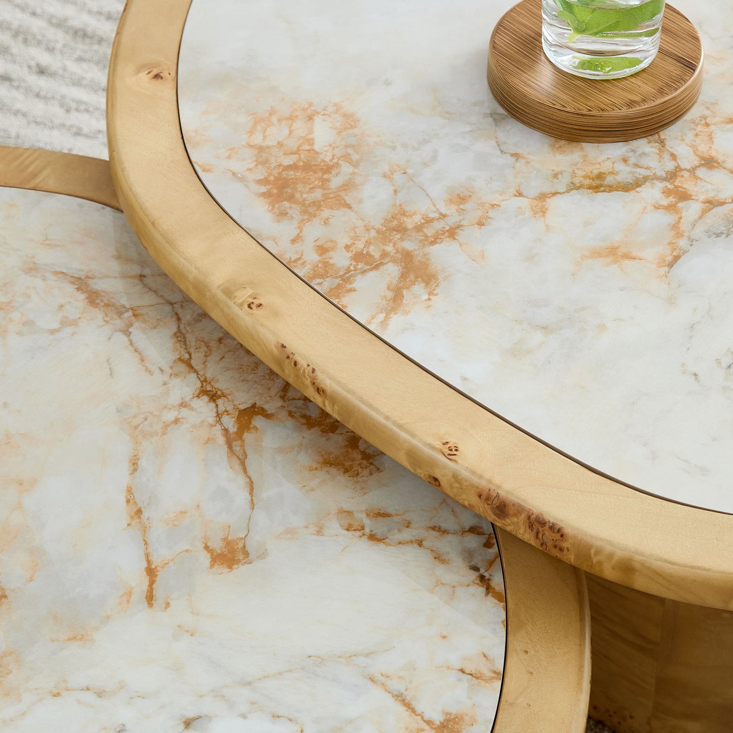 Natural Burl Wood Coffee Table Set - 2-Piece Sintered Stone Top