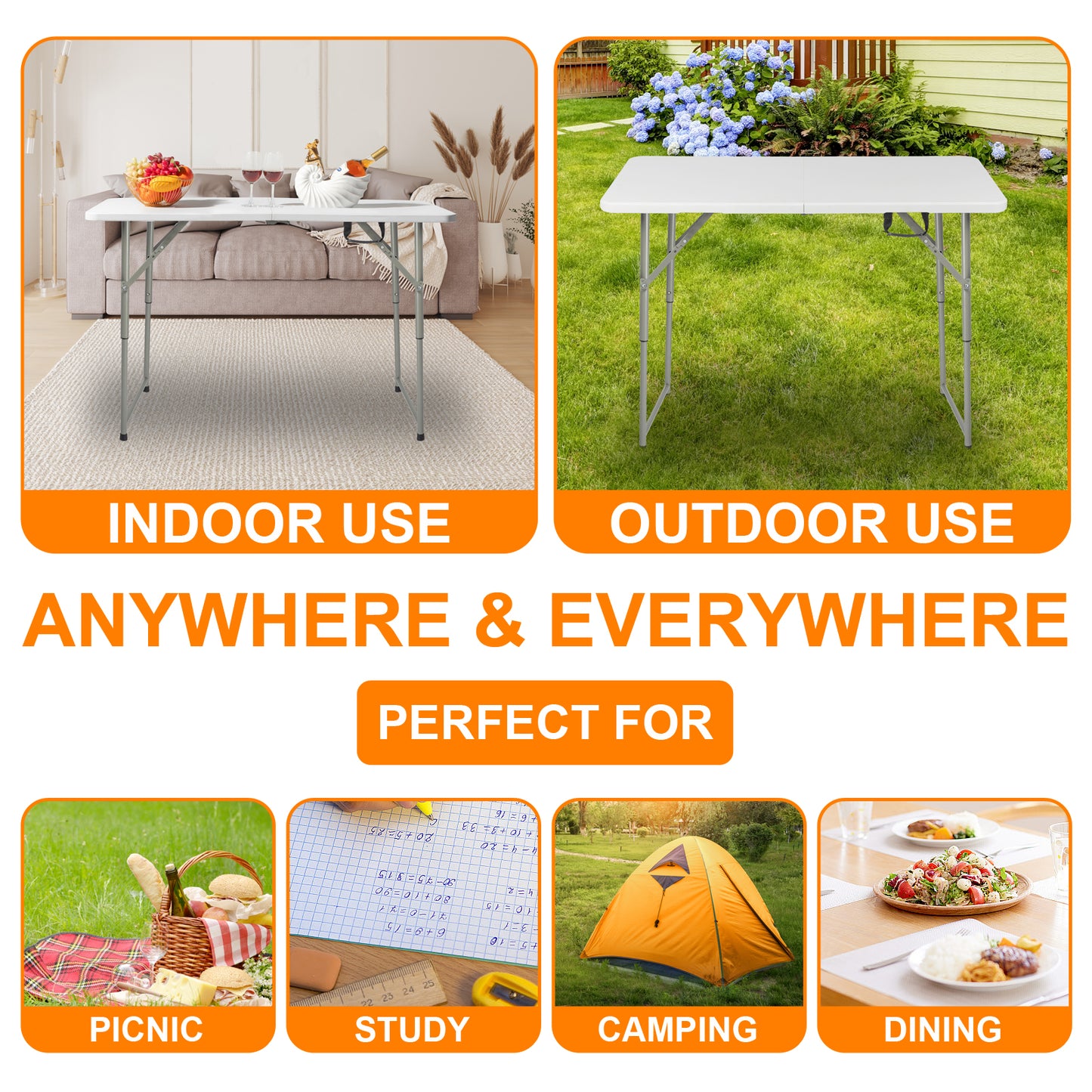 4FT Folding Camping Table - Lightweight Plastic Picnic Table